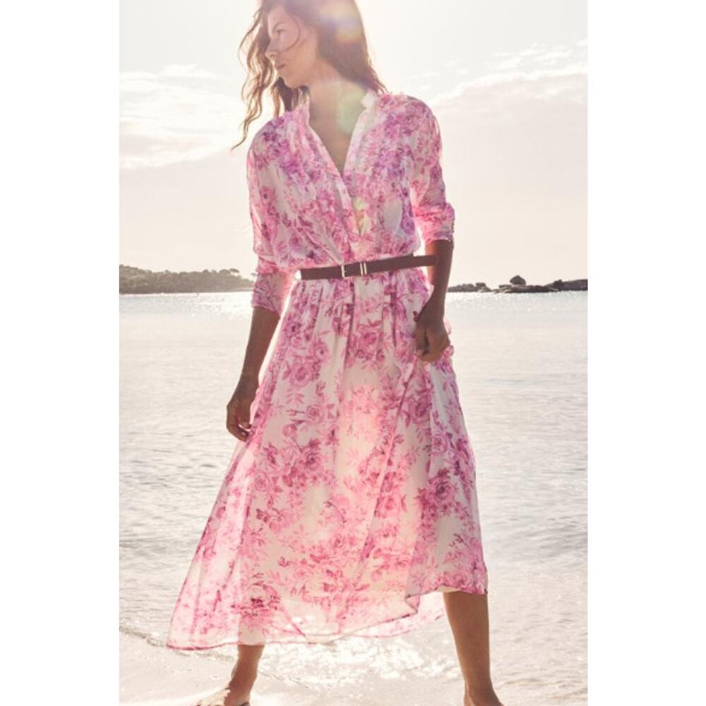 Zara Pink Floral Midi Shirt Dress